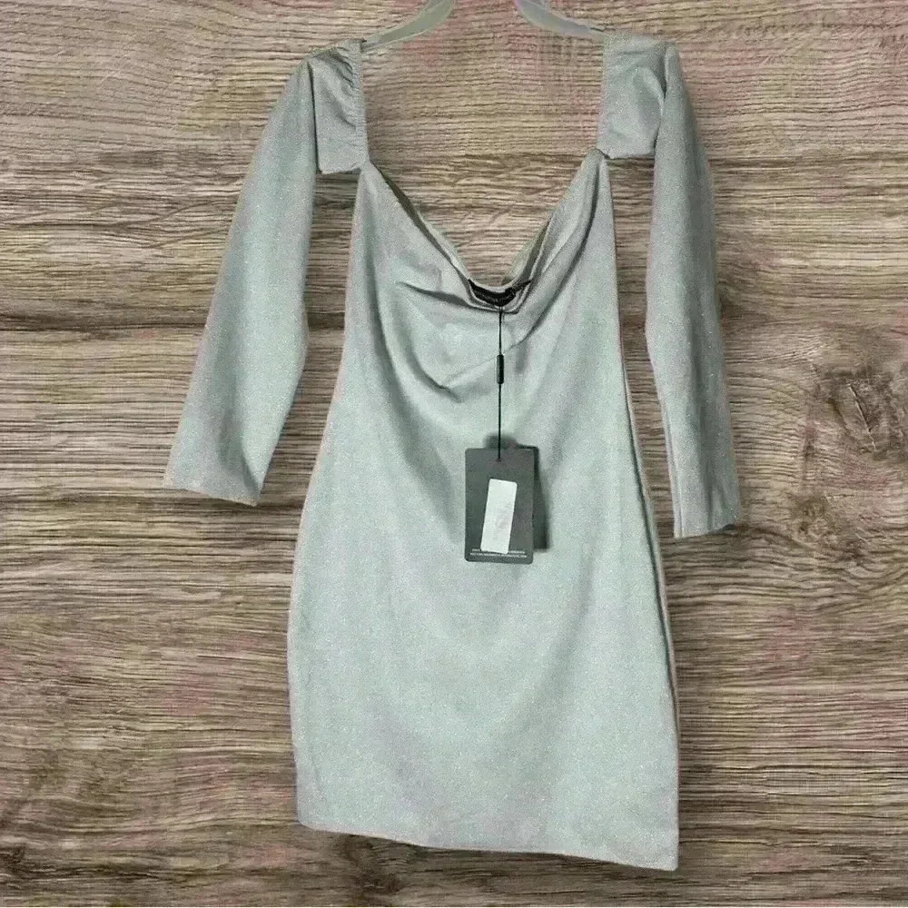NWT PrettyLittleThing Metallic Off The Shoulder Bodycon Dress Sparkly Mini 8